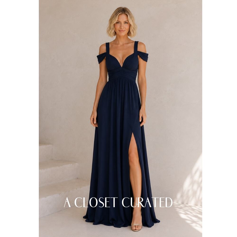 Bariano Thea Draped Sleeve Chiffon Gown XS Blue NWT